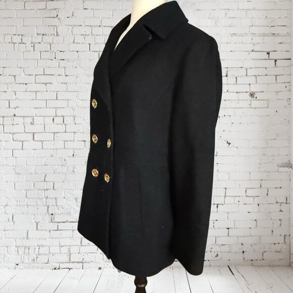 Michael Kors Black Pea Coat Sz XL Double Breasted Wool Blend Gold Buttons Preppy - Picture 3 of 9